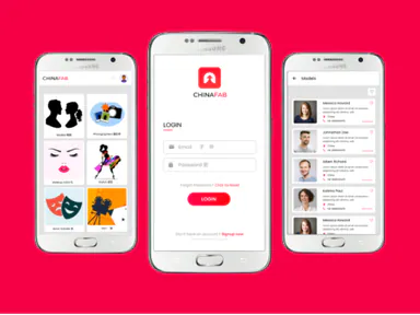 Three phone screens from the Chaina Fab app: categories of artists, a login screen and a list of profiles