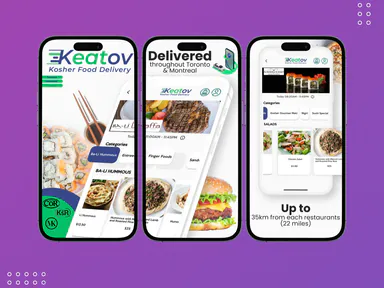 Three phone screens from the Keatov food delivery app showing restaurants and dishes